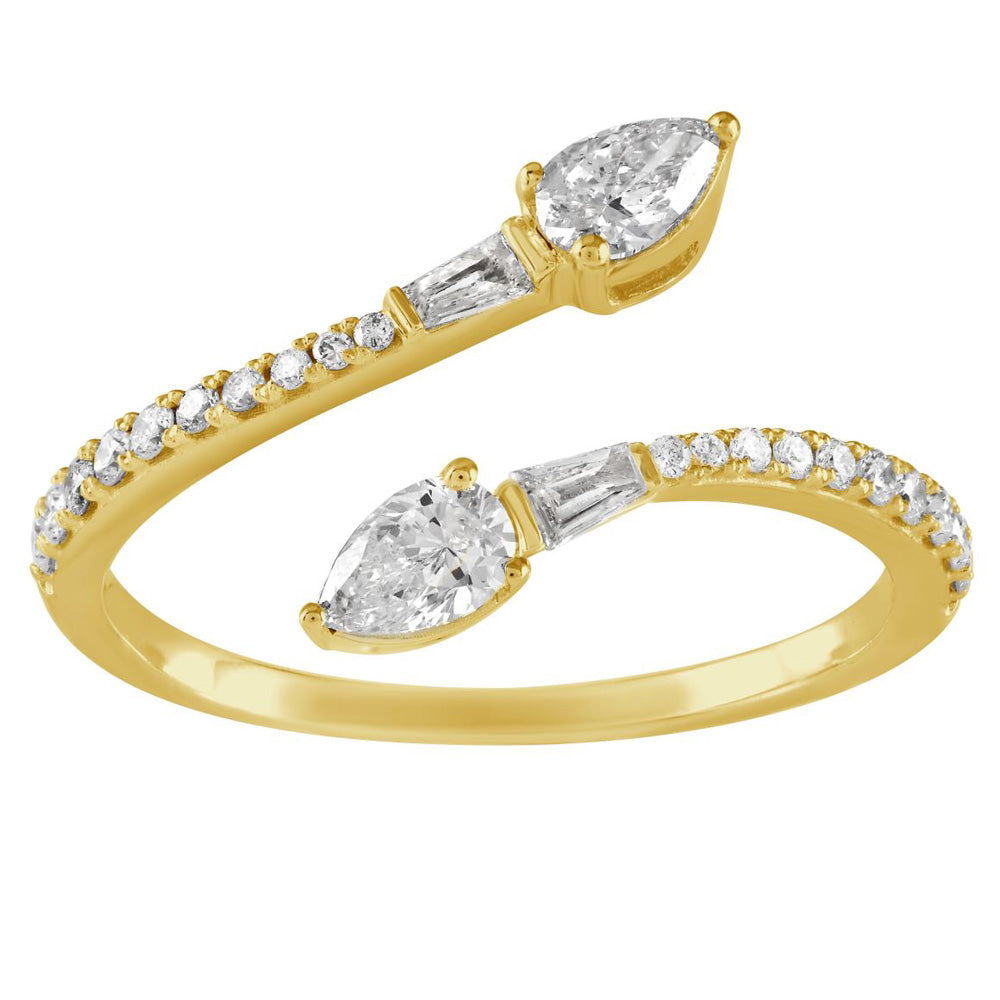 This Fashion Ring is available in 14K Yellow Gold. There are a total of 24 stones. There are Baguette with a total carat weight of 0.04 set in a Channel Set|Micro Prong|Prong Set setting.There are Pear Shape stones with a total carat weight of 0.27 set in a Channel Set|Micro Prong|Prong Set.