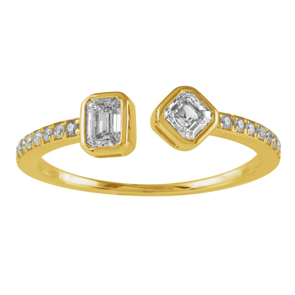 This Fashion Ring is available in 14K Yellow Gold. There are a total of 18 stones. There are Asscher with a total carat weight of 0.2 set in a Bezel Set|Micro Prong setting.There are Emerald Cut stones with a total carat weight of 0.2 set in a Bezel Set|Micro Prong.