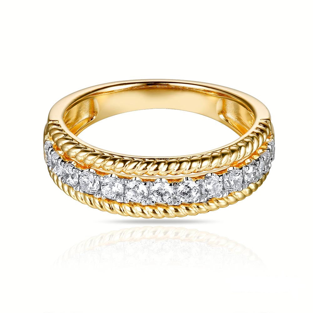 This Fashion Ring is available in 14K Yellow & White Gold. There are a total of 13 stones. There are Rounds with a total carat weight of 0.45 set in a Micro Prong setting.