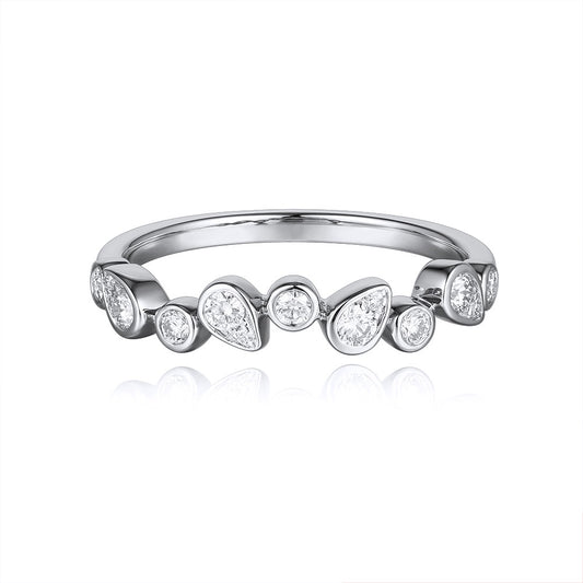 This Fashion Ring is available in 14K White Gold. There are a total of 13 stones. There are Rounds with a total carat weight of 0.34 set in a Bezel Set setting.