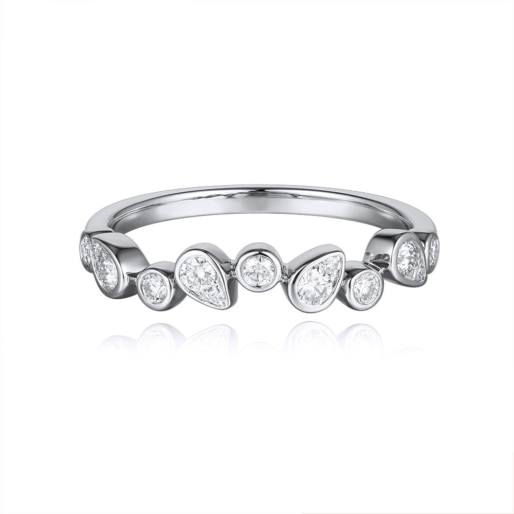 This Fashion Ring is available in 14K White Gold. There are a total of 13 stones. There are Rounds with a total carat weight of 0.34 set in a Bezel Set setting.