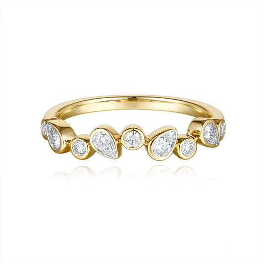 This Fashion Ring is available in 14K Yellow Gold. There are a total of 13 stones. There are Rounds with a total carat weight of 0.34 set in a Bezel Set setting.