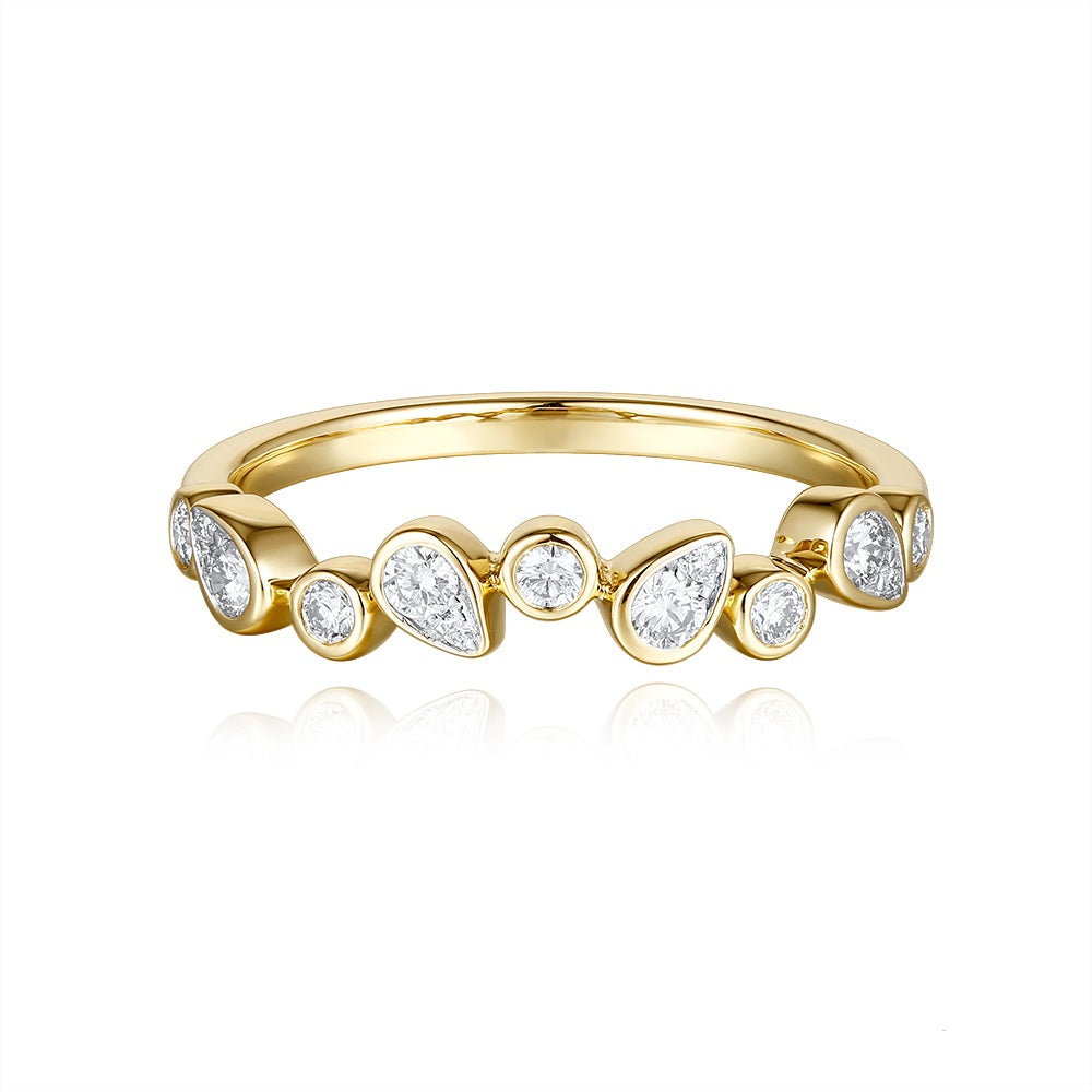 This Fashion Ring is available in 14K Yellow Gold. There are a total of 13 stones. There are Rounds with a total carat weight of 0.34 set in a Bezel Set setting.