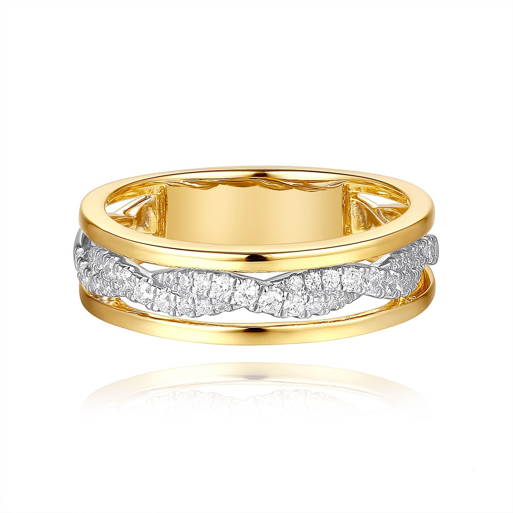 This Fashion Ring is available in 14K Yellow & White Gold. There are a total of 40 stones. There are Rounds with a total carat weight of 0.24 set in a Micro Prong setting.