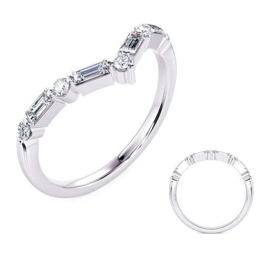 This Fashion Ring is available in 14K White Gold. There are a total of 9 stones. There are Baguette with a total carat weight of 0.21 set in a Prong Set setting.There are Rounds stones with a total carat weight of 0.11 set in a Prong Set.