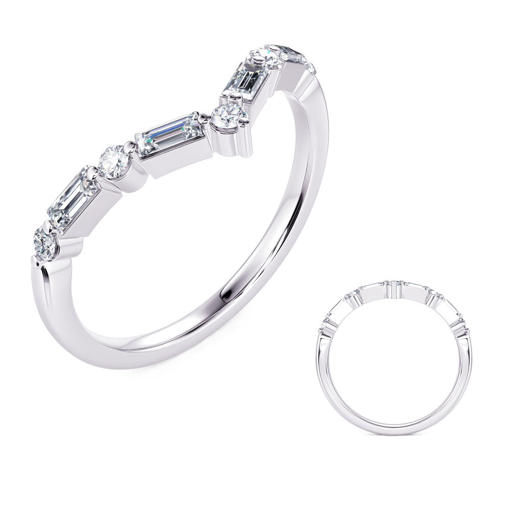 This Fashion Ring is available in 14K White Gold. There are a total of 9 stones. There are Baguette with a total carat weight of 0.21 set in a Prong Set setting.There are Rounds stones with a total carat weight of 0.11 set in a Prong Set.
