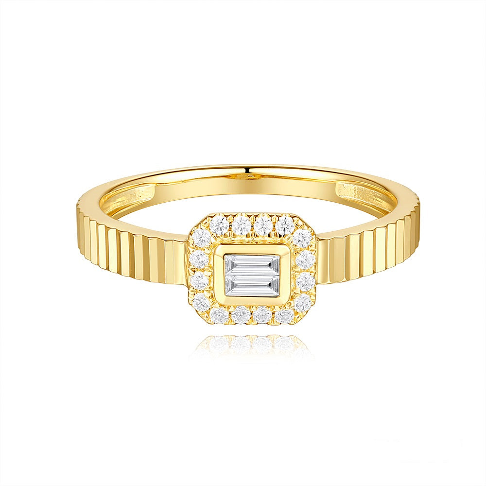 This Fashion Ring is available in 14K Yellow Gold. There are a total of 18 stones. There are Baguette with a total carat weight of 0.08 set in a Bezel Set|Micro Prong setting.There are Rounds stones with a total carat weight of 0.1 set in a Bezel Set|Micro Prong.