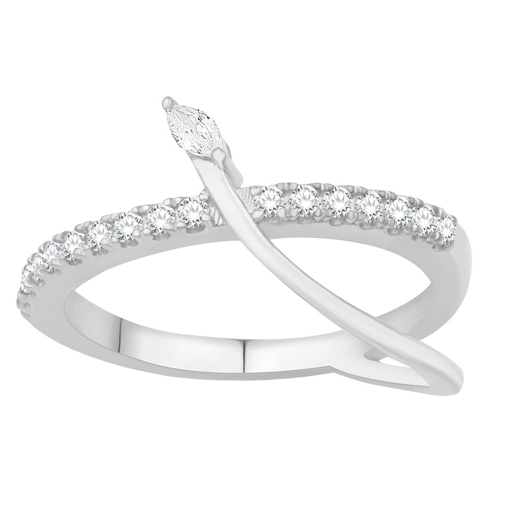 This Fashion Ring is available in 14K White Gold. There are a total of 18 stones. There are Marquise with a total carat weight of 0.06 set in a Prong Set setting.There are Rounds stones with a total carat weight of 0.27 set in a Prong Set.