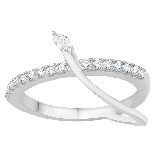 This Fashion Ring is available in 14K White Gold. There are a total of 18 stones. There are Marquise with a total carat weight of 0.06 set in a Prong Set setting.There are Rounds stones with a total carat weight of 0.27 set in a Prong Set.