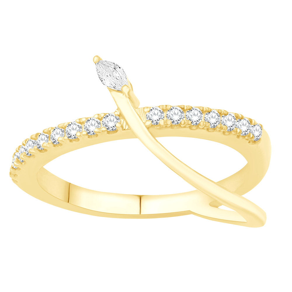 This Fashion Ring is available in 14K Yellow Gold. There are a total of 18 stones. There are Marquise with a total carat weight of 0.06 set in a Prong Set setting.There are Rounds stones with a total carat weight of 0.27 set in a Prong Set.