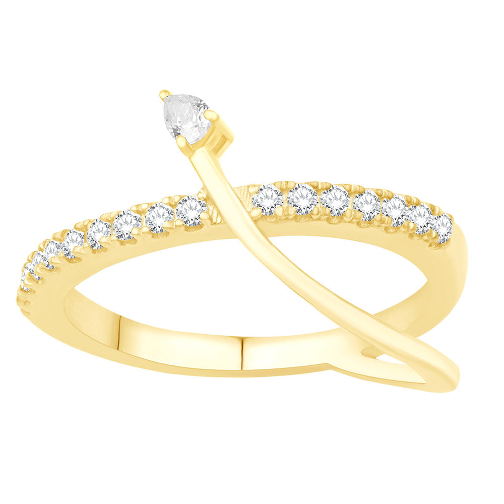 This Fashion Ring is available in 14K Yellow Gold. There are a total of 18 stones. There are Pear Shape with a total carat weight of 0.06 set in a Micro Prong setting.There are Rounds stones with a total carat weight of 0.24 set in a Micro Prong.
