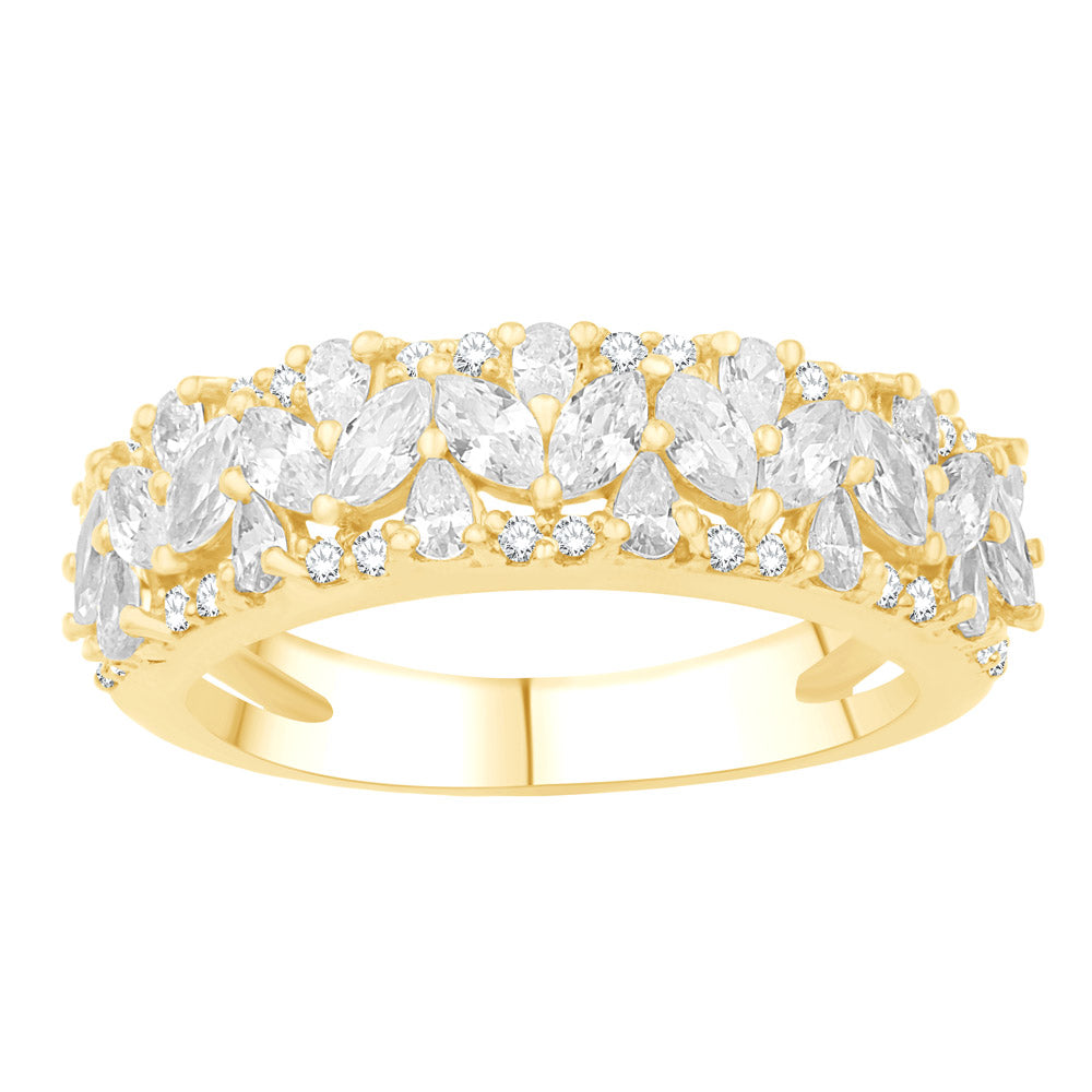 This Fashion Ring is available in 14K Yellow Gold. There are a total of 51 stones. There are Marquise with a total carat weight of 0.45 set in a Micro Prong setting.There are Princess stones with a total carat weight of 0.47 set in a Micro Prong.