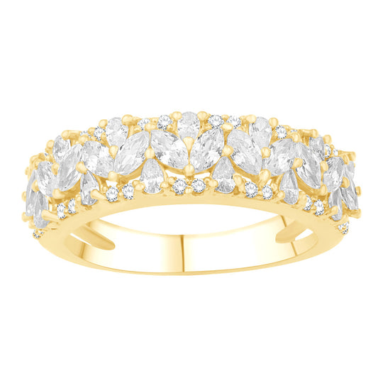 This Fashion Ring is available in 14K Yellow Gold. There are a total of 51 stones. There are Marquise with a total carat weight of 0.45 set in a Micro Prong setting.There are Princess stones with a total carat weight of 0.47 set in a Micro Prong.