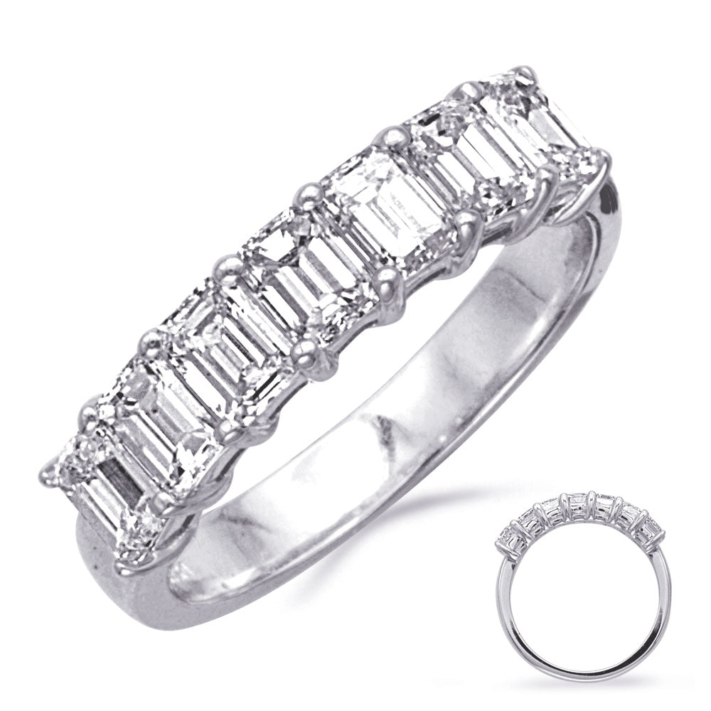 This Band is available in 14K White Gold. There are a total of 7 stones. There are Emerald Cut with a total carat weight of 1.65 set in a  setting.