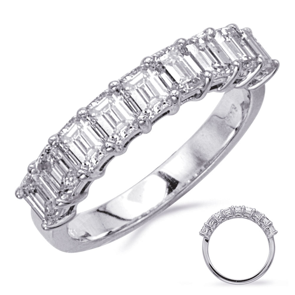 This Band is available in 14K White Gold. There are a total of 9 stones. There are Emerald Cut with a total carat weight of 1.7 set in a  setting.
