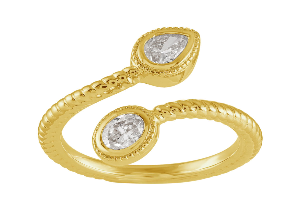This Fashion Ring is available in 14K Yellow Gold. There are a total of 2 stones. There are Oval with a total carat weight of 0.2 set in a Bezel Set setting.There are Pear Shape stones with a total carat weight of 0.21 set in a Bezel Set.