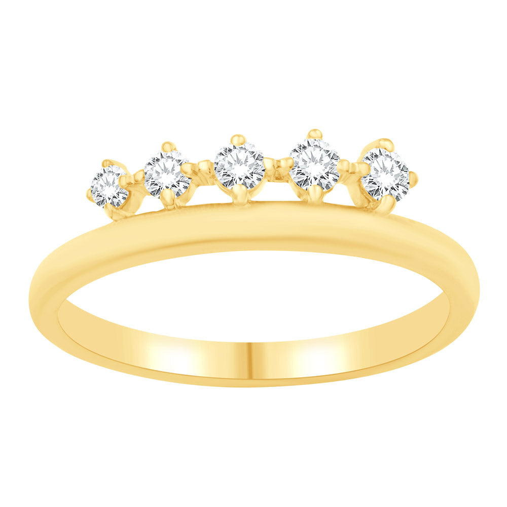 This Fashion Ring is available in 14K Yellow Gold. There are a total of 5 stones. There are Rounds with a total carat weight of 0.28 set in a Prong Set setting.