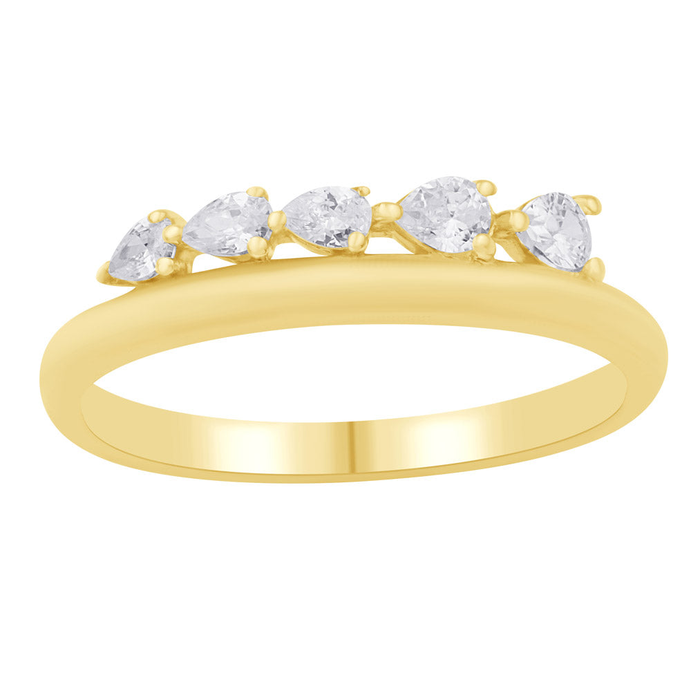 This Fashion Ring is available in 14K Yellow Gold. There are a total of 5 stones. There are Pear Shape with a total carat weight of 0.25 set in a Prong Set setting.