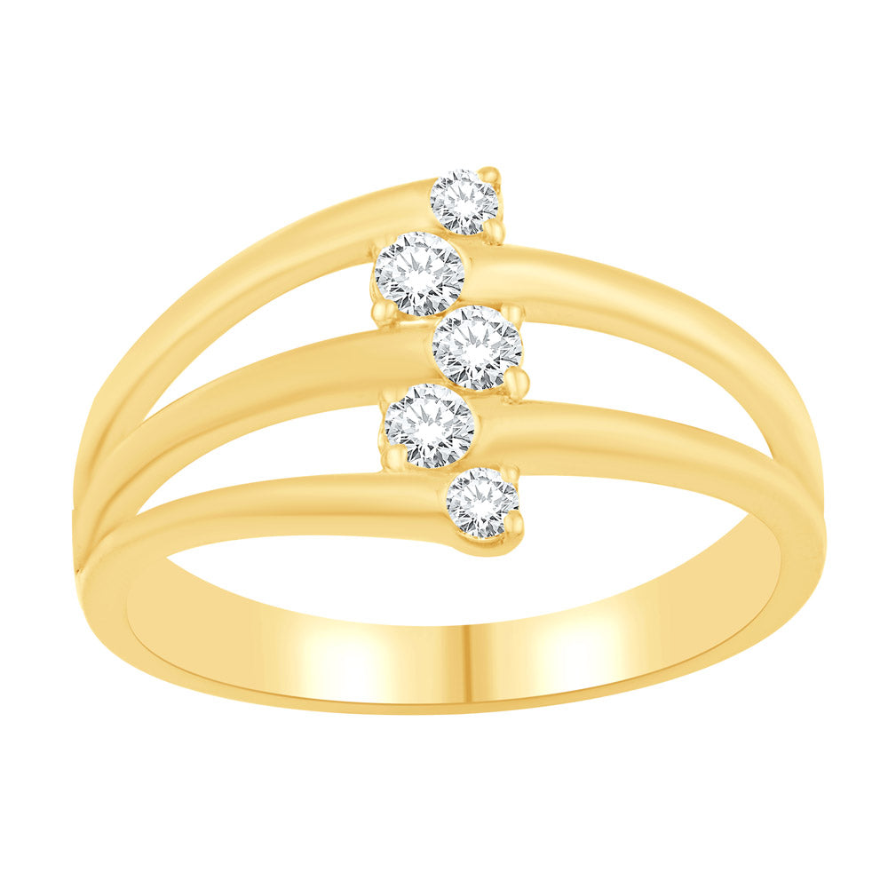 This Fashion Ring is available in 14K Yellow Gold. There are a total of 5 stones. There are Rounds with a total carat weight of 0.25 set in a Prong Set setting.