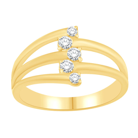This Fashion Ring is available in 14K Yellow Gold. There are a total of 5 stones. There are Rounds with a total carat weight of 0.25 set in a Prong Set setting.