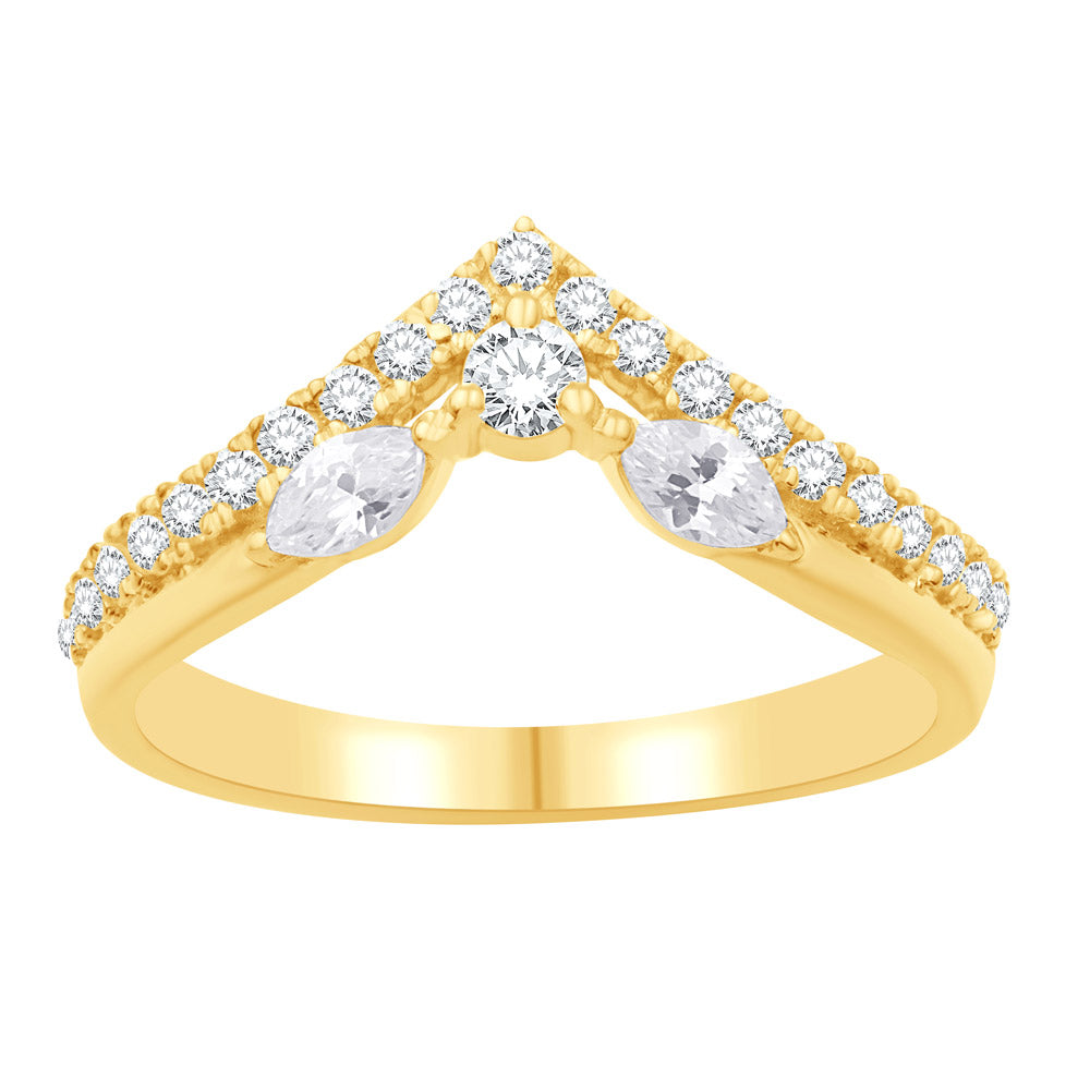 This Fashion Ring is available in 14K Yellow Gold. There are a total of 24 stones. There are Marquise with a total carat weight of 0.21 set in a Micro Prong setting.There are Rounds stones with a total carat weight of 0.3 set in a Micro Prong.
