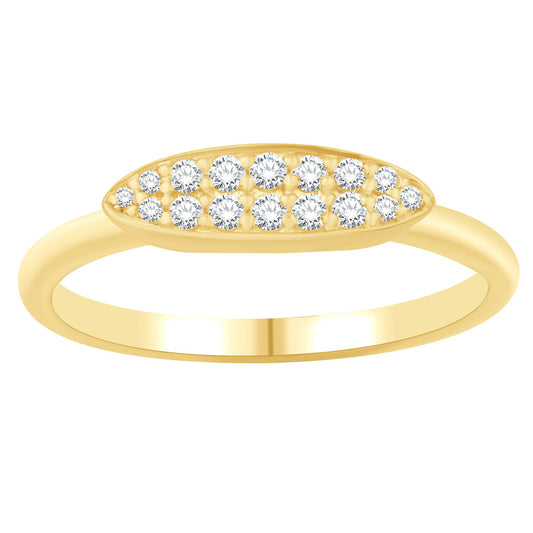 This Fashion Ring is available in 14K Yellow Gold. There are a total of 16 stones. There are Rounds with a total carat weight of 0.18 set in a Micro Prong setting.