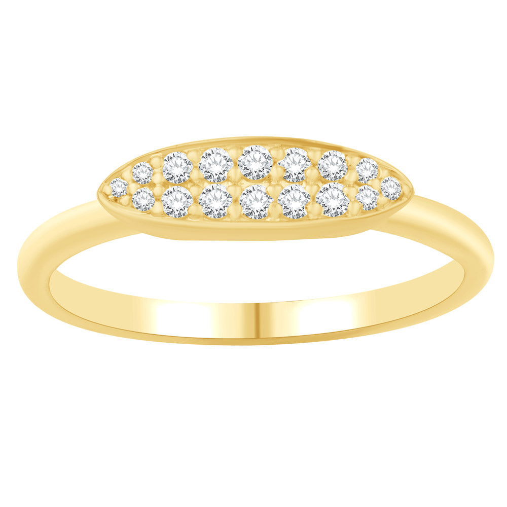 This Fashion Ring is available in 14K Yellow Gold. There are a total of 16 stones. There are Rounds with a total carat weight of 0.18 set in a Micro Prong setting.