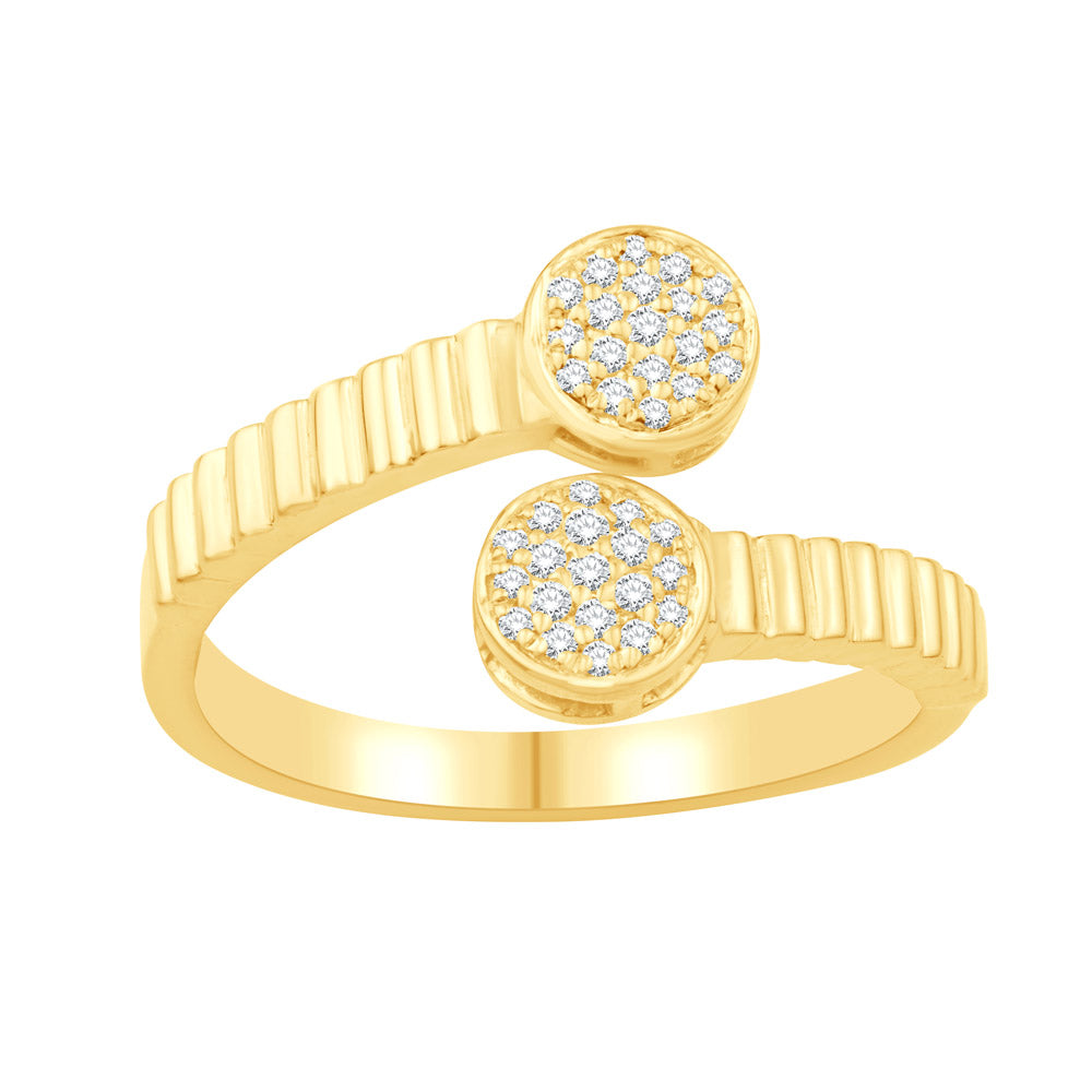 This Fashion Ring is available in 14K Yellow Gold. There are a total of 38 stones. There are Rounds with a total carat weight of 0.16 set in a Micro Pave setting.