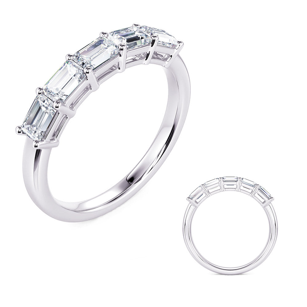 This Band is available in 14K White Gold. There are a total of 5 stones. There are Emerald Cut with a total carat weight of 0.72 set in a Prong Set setting.