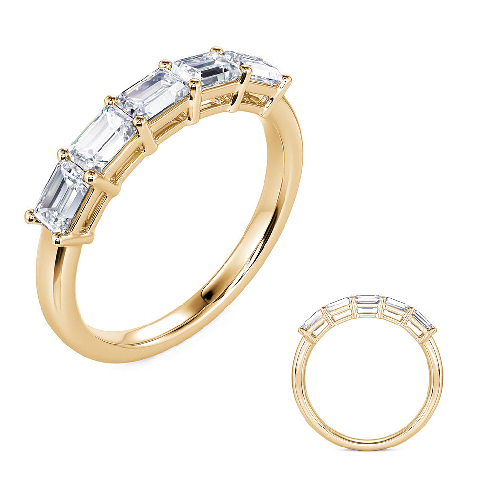 This Band is available in 14K Yellow Gold. There are a total of 5 stones. There are Emerald Cut with a total carat weight of 0.72 set in a Prong Set setting.