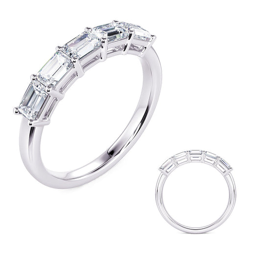 This Band is available in 14K White Gold. There are a total of 5 stones. There are Emerald Cut with a total carat weight of 0.96 set in a Prong Set setting.