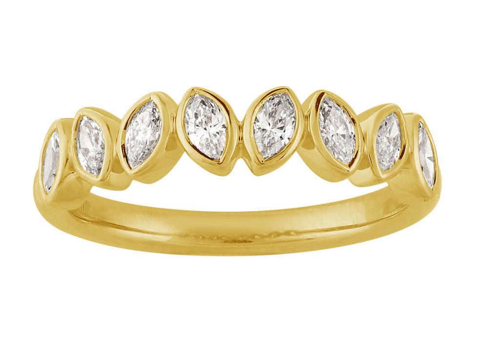 This Fashion Ring is available in 14K Yellow Gold. There are a total of 8 stones. There are Marquise with a total carat weight of 0.45 set in a Bezel Set setting.