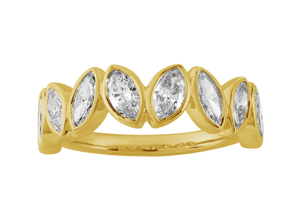 This Fashion Ring is available in 14K Yellow Gold. There are a total of 8 stones. There are Marquise with a total carat weight of 1.1 set in a Bezel Set setting.