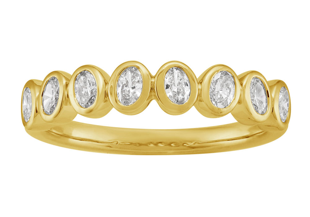 This Fashion Ring is available in 14K Yellow Gold. There are a total of 8 stones. There are Oval with a total carat weight of 0.43 set in a Bezel Set setting.