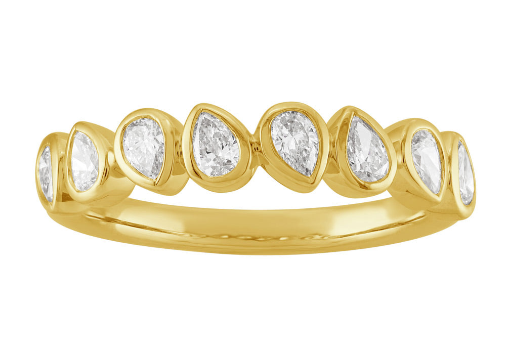 This Fashion Ring is available in 14K Yellow Gold. There are a total of 8 stones. There are Pear Shape with a total carat weight of 0.48 set in a Bezel Set setting.