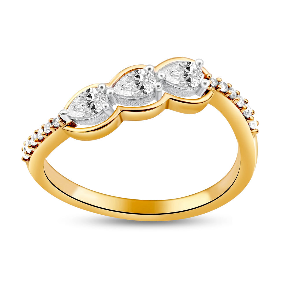 This Fashion Ring is available in 14K Yellow Gold. There are a total of 15 stones. There are Pear Shape with a total carat weight of 0.27 set in a Prong Set setting.There are Rounds stones with a total carat weight of 0.08 set in a Prong Set.