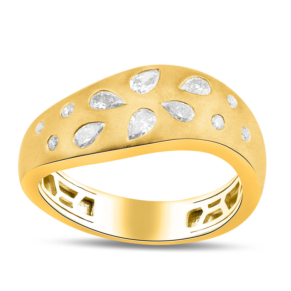 This Fashion Ring is available in 14K Yellow Gold. There are a total of 12 stones. There are Pear Shape with a total carat weight of 0.4 set in a  setting.There are Rounds stones with a total carat weight of 0.08 set in a .