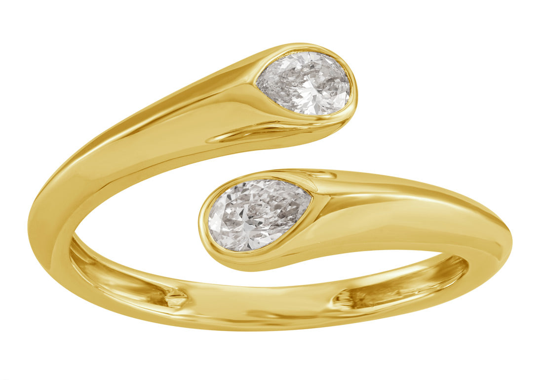 This Fashion Ring is available in 14K Yellow Gold. There are a total of 2 stones. There are Pear Shape with a total carat weight of 0.34 set in a Bezel Set setting.