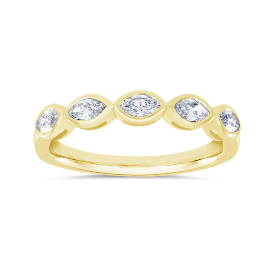 This Fashion Ring is available in 14K Yellow Gold. There are a total of 5 stones. There are Marquise with a total carat weight of 0.47 set in a Bezel Set setting.