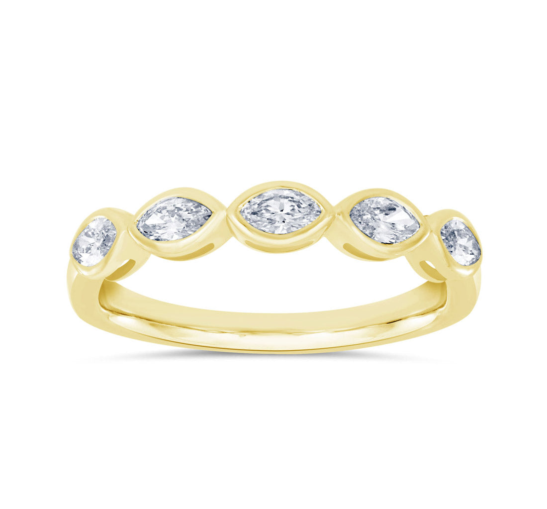 This Fashion Ring is available in 14K Yellow Gold. There are a total of 5 stones. There are Marquise with a total carat weight of 0.47 set in a Bezel Set setting.