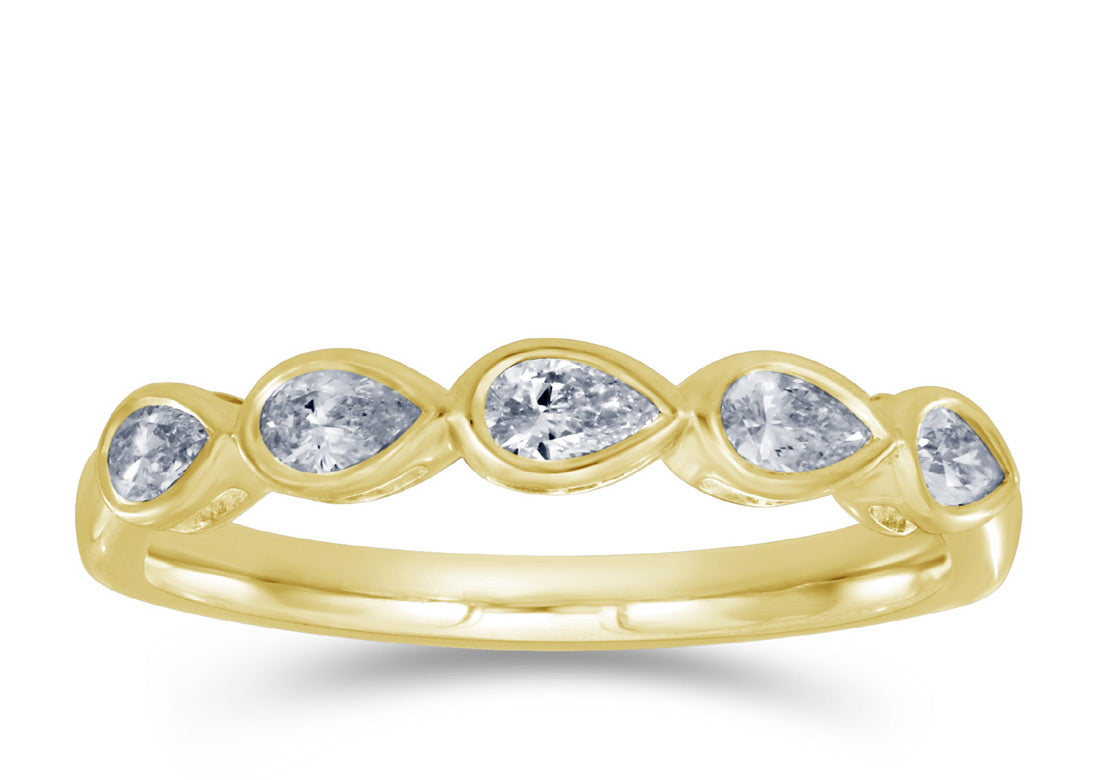 This Fashion Ring is available in 14K Yellow Gold. There are a total of 5 stones. There are Pear Shape with a total carat weight of 0.5 set in a Bezel Set setting.