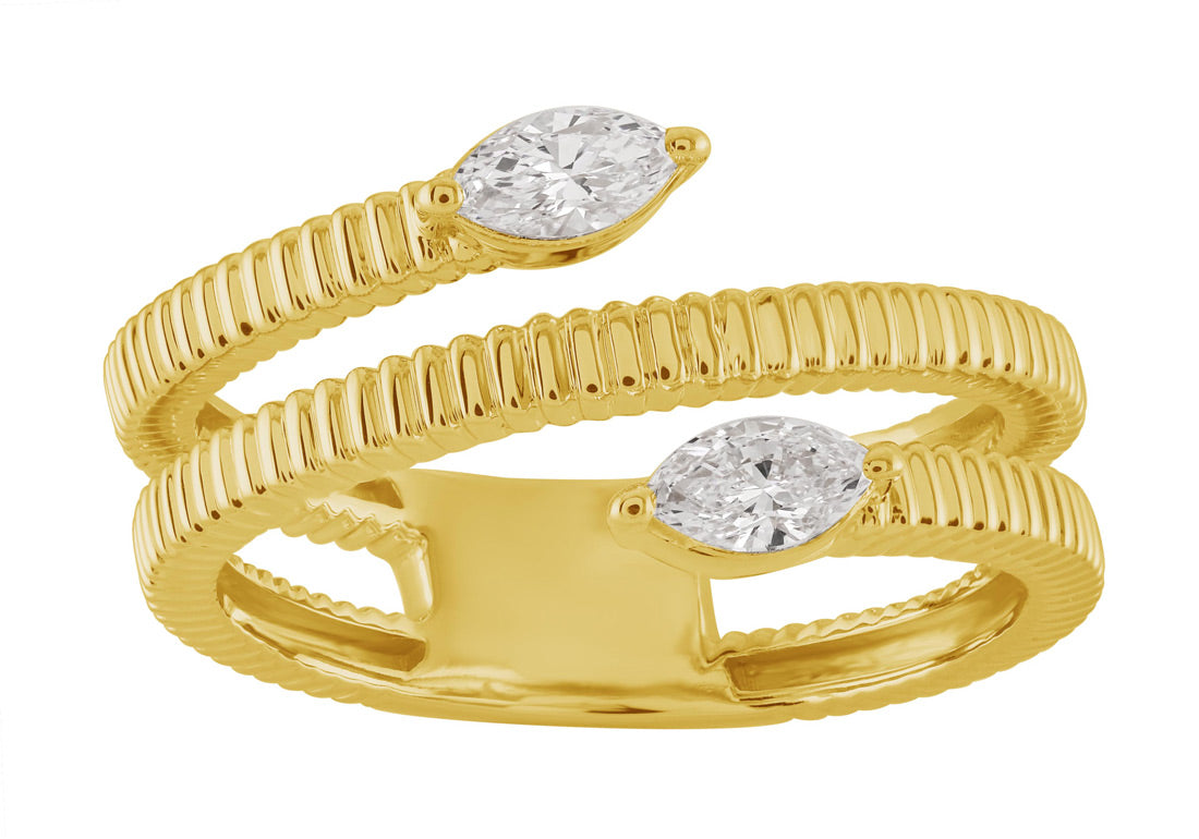 This Fashion Ring is available in 14K Yellow Gold. There are a total of 2 stones. There are Marquise with a total carat weight of 0.3 set in a Prong Set setting.