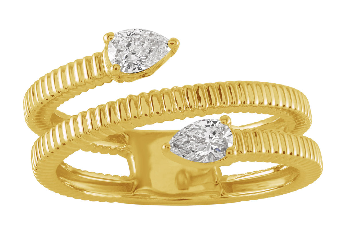 This Fashion Ring is available in 14K Yellow Gold. There are a total of 2 stones. There are Pear Shape with a total carat weight of 0.34 set in a Prong Set setting.