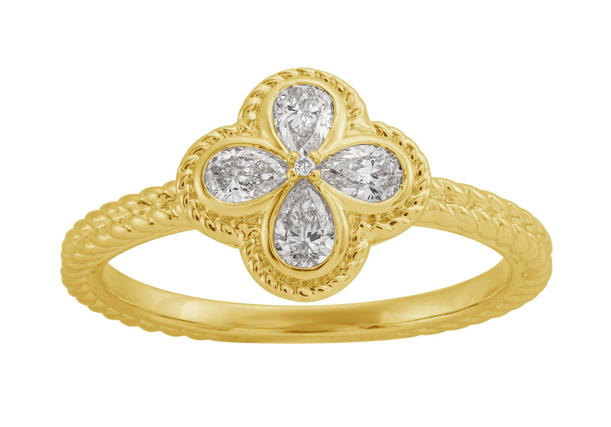 This Fashion Ring is available in 14K Yellow Gold. There are a total of 5 stones. There are Pear Shape with a total carat weight of 0.32 set in a Bezel Set setting.There are Rounds stones with a total carat weight of 0.02 set in a Bezel Set.