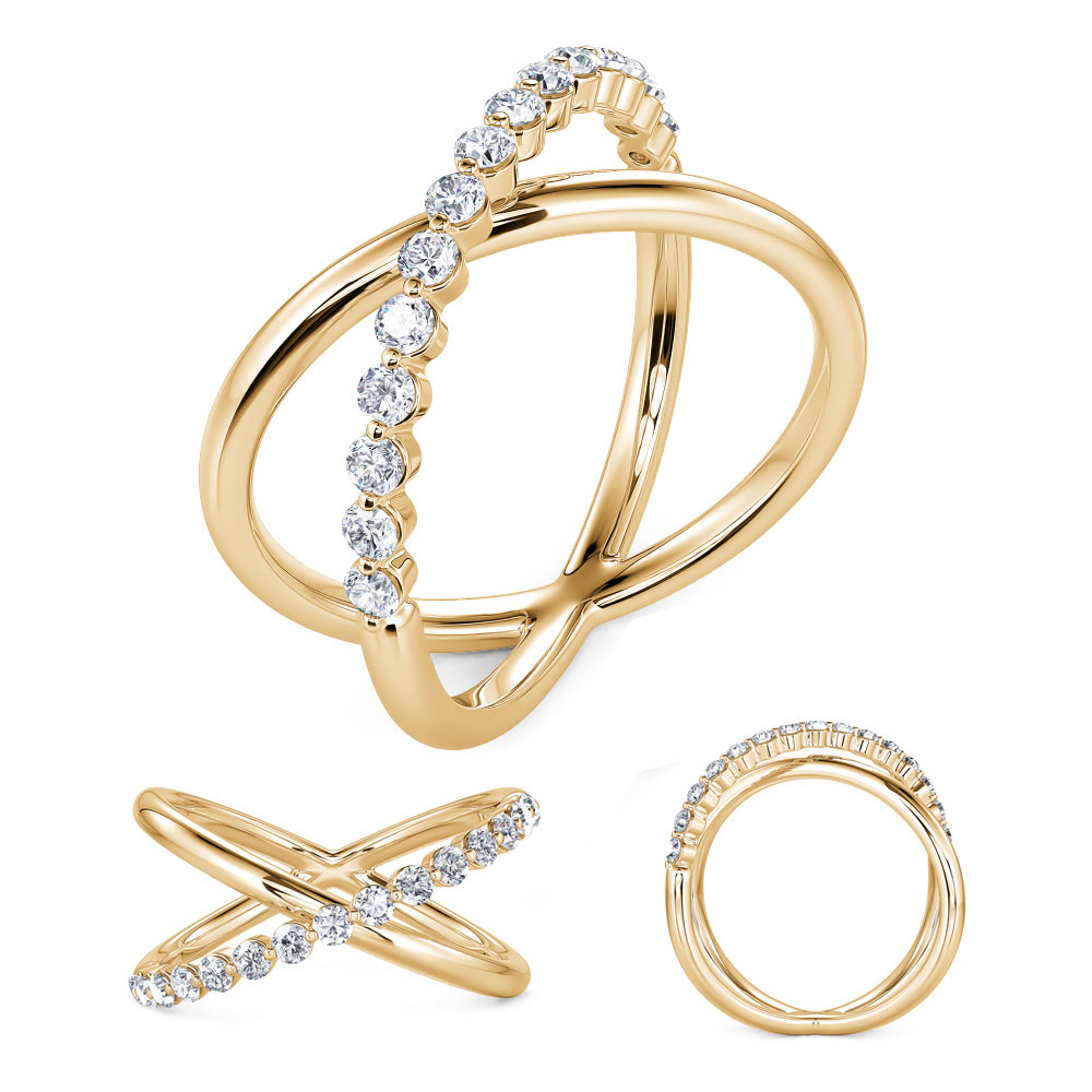 This Fashion Ring is available in 14K Yellow Gold. There are a total of 15 stones. There are Rounds with a total carat weight of 0.27 set in a Shared Prongs setting.