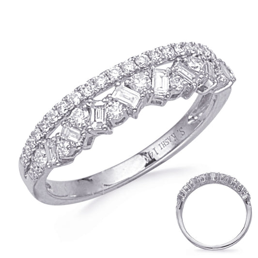 This Fashion Ring is available in 14K White Gold. There are a total of 44 stones. There are Baguette with a total carat weight of 0.17 set in a Prong Set setting.There are Rounds stones with a total carat weight of 0.35 set in a Prong Set.