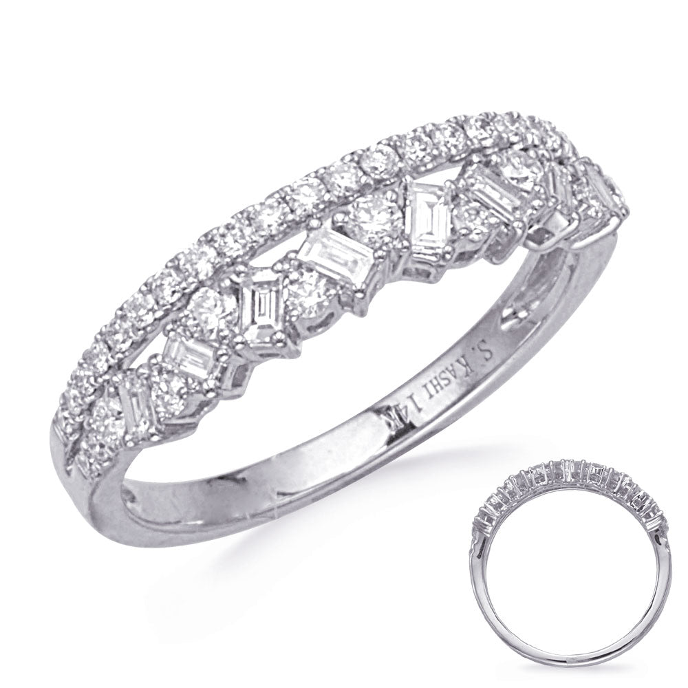 This Fashion Ring is available in 14K White Gold. There are a total of 44 stones. There are Baguette with a total carat weight of 0.17 set in a Prong Set setting.There are Rounds stones with a total carat weight of 0.35 set in a Prong Set.