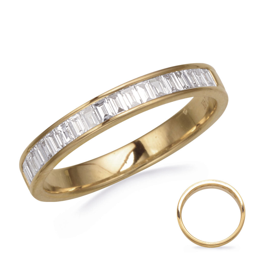 This Band is available in 14K Yellow Gold. There are a total of 18 stones. There are Baguette with a total carat weight of 0.43 set in a Channel Set setting.