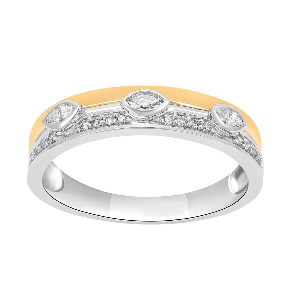 This Fashion Ring is available in 14K Yellow & White Gold. There are a total of 23 stones. There are Marquise with a total carat weight of 0.16 set in a Bezel Set setting.There are Rounds stones with a total carat weight of 0.09 set in a Bezel Set.