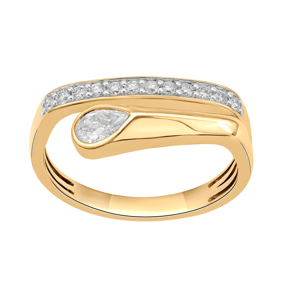 This Fashion Ring is available in 14K Yellow Gold. There are a total of 13 stones. There are Pear Shape with a total carat weight of 0.2 set in a Bezel Set|Micro Prong setting.There are Rounds stones with a total carat weight of 0.14 set in a Bezel Set|Micro Prong.
